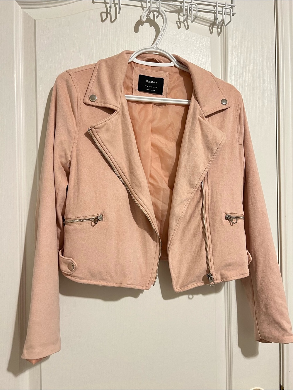 Women’s Blush Pink like suede fabric Moto Jacket